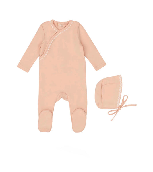 Classic Ric Rac Footie and Hat-White on Pink