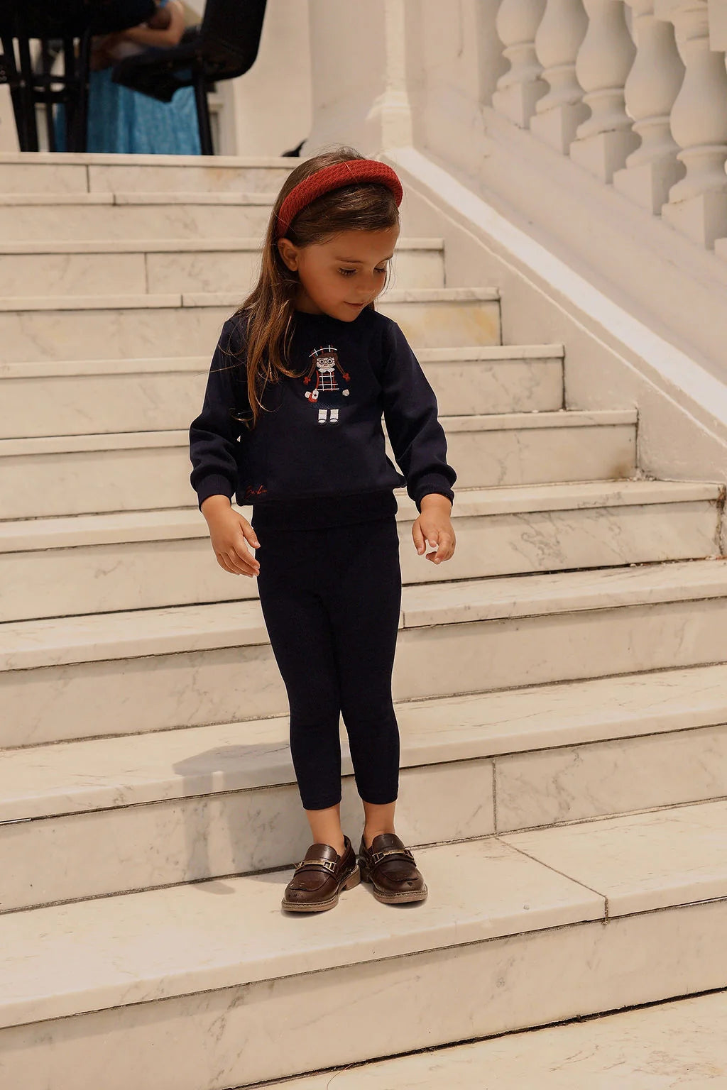 Bamboo Navy Doll Embroidered Sweatshirt Set