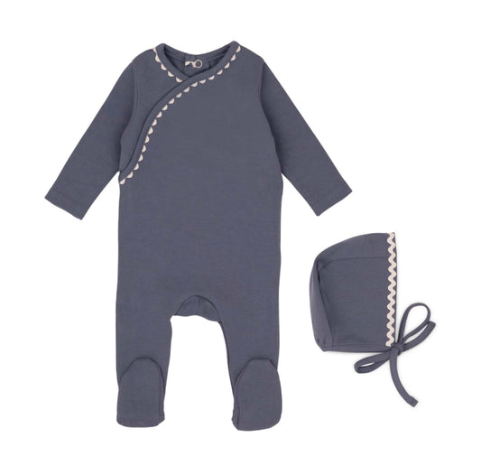 Classic Ric Rac Footie and Hat-White on Blue