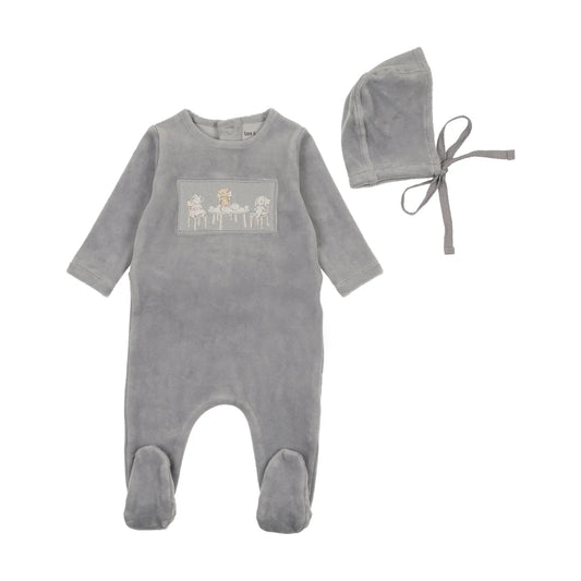 Tea Time Velour Footie/Beanie - Dusty Blue