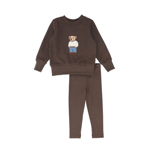 Bamboo Brown Embroidered Bear Sweatshirt Set