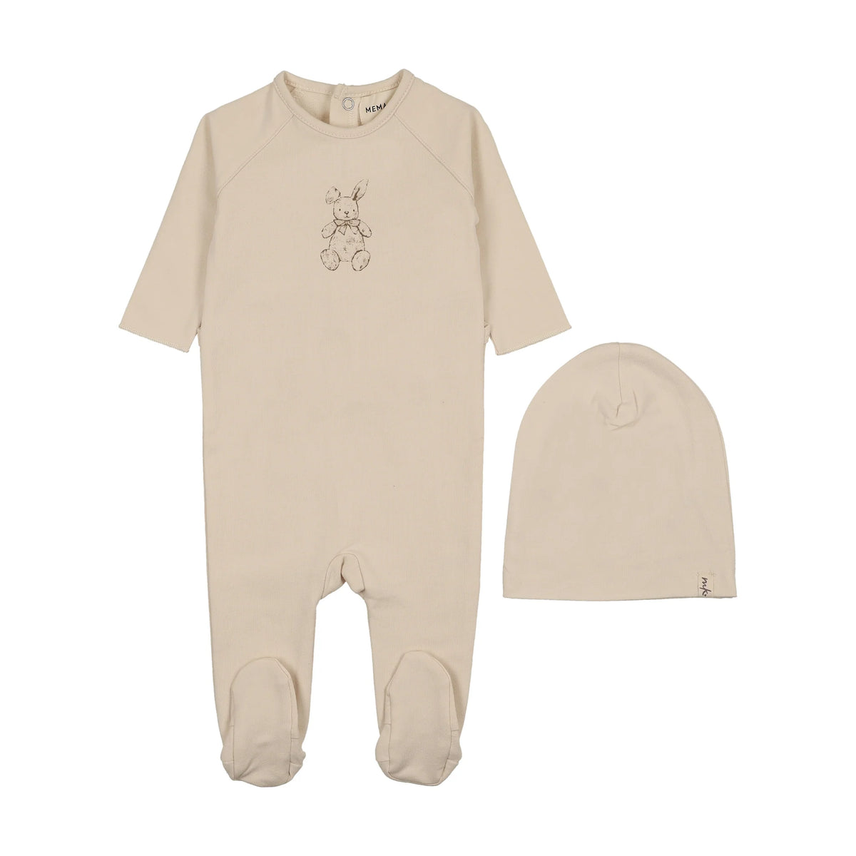 VINTAGE BUNNY PRINT FOOTIE + BEANIE - Light Beige/Otter