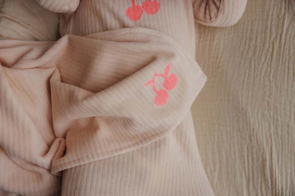 EMBROIDERED CHERRY FOOTIE + BEANIE - Neon Cherry Pink