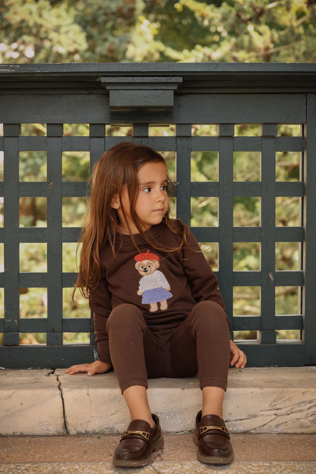 Bamboo Brown Embroidered Bear Doll Sweatshirt Set