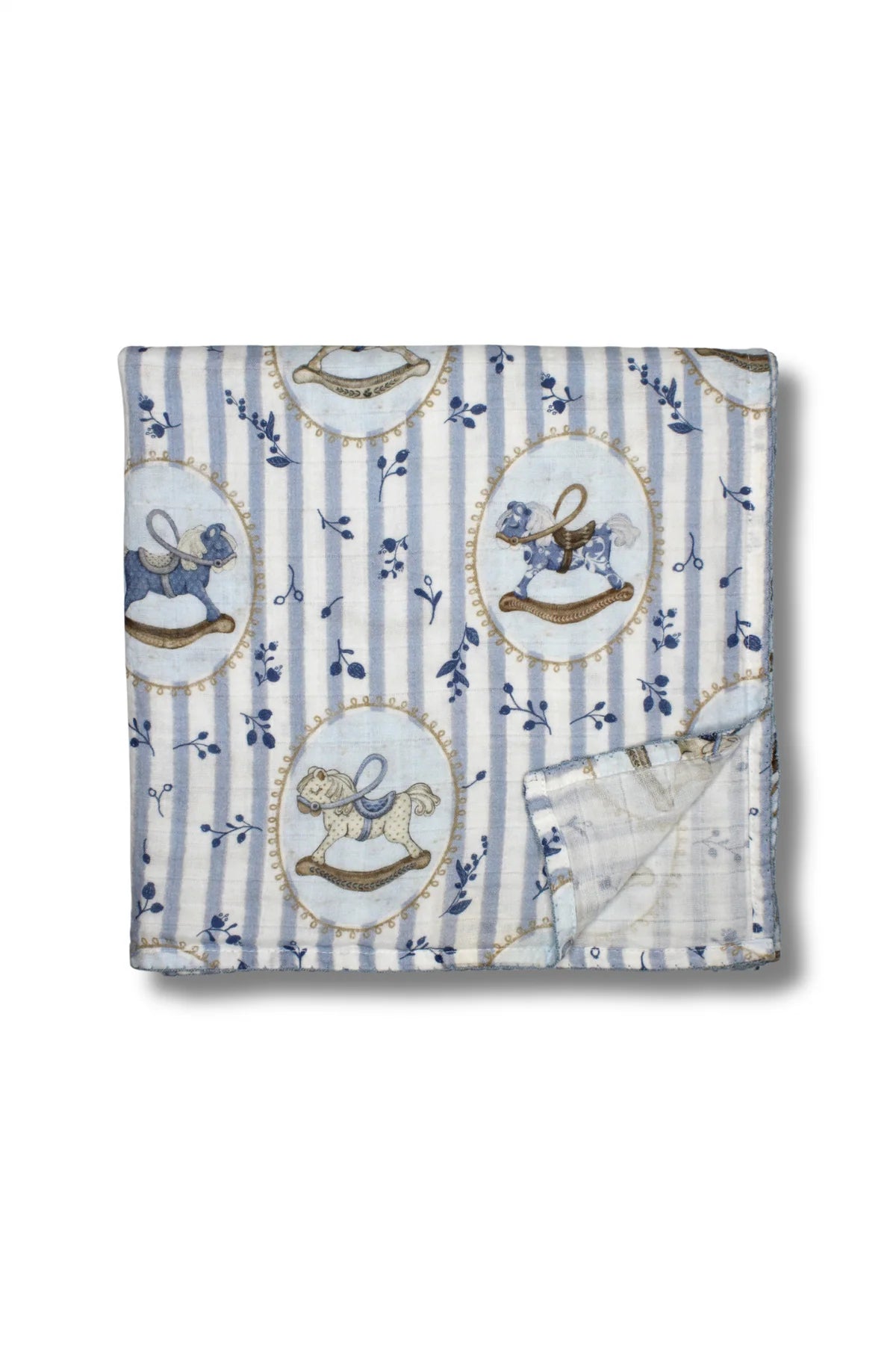 BLUE ROCKING HORSE MUSLIN BLANKET