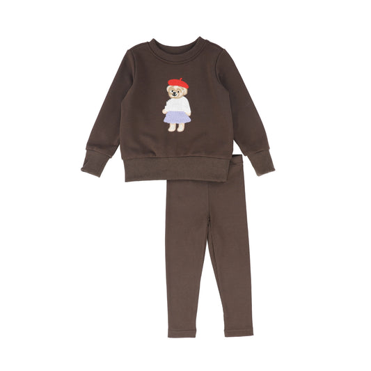Bamboo Brown Embroidered Bear Doll Sweatshirt Set