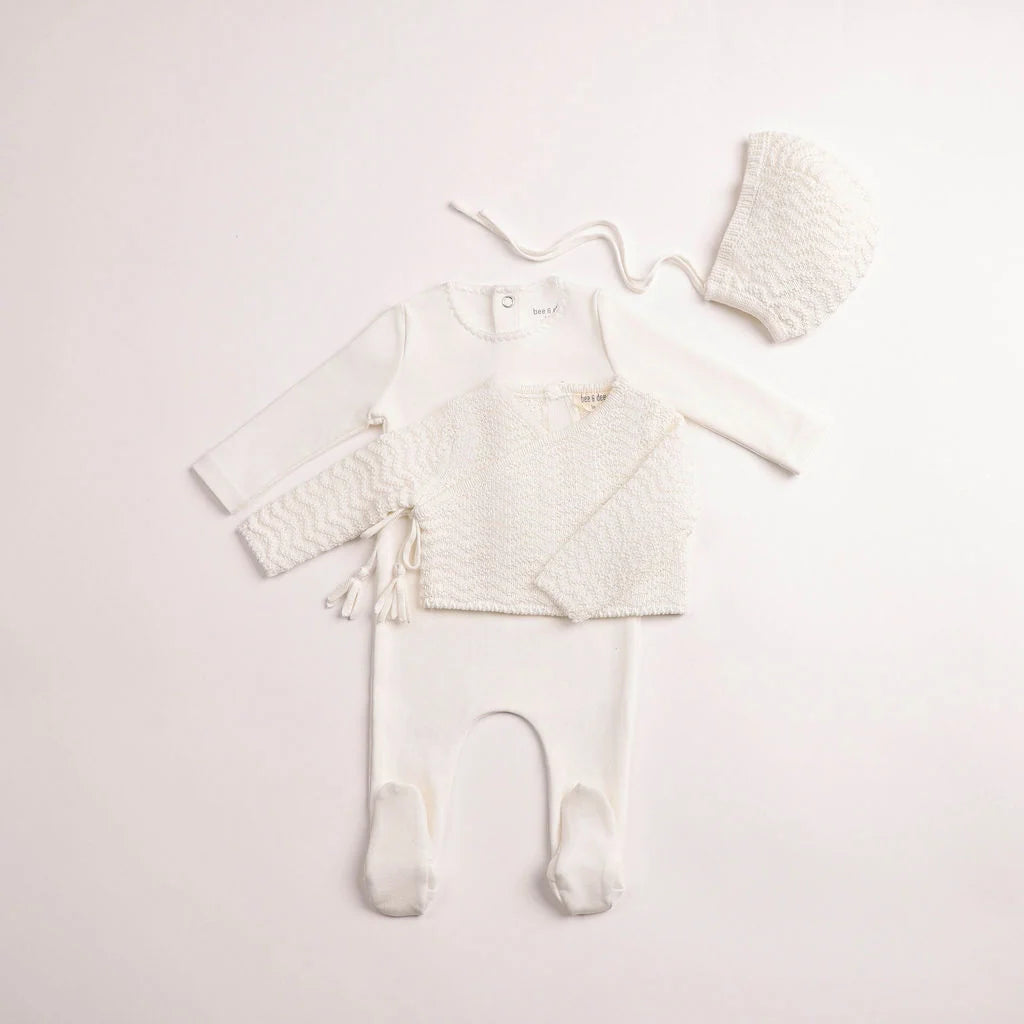Herringbone Cardigan Footie & Bonnet - Chalk White