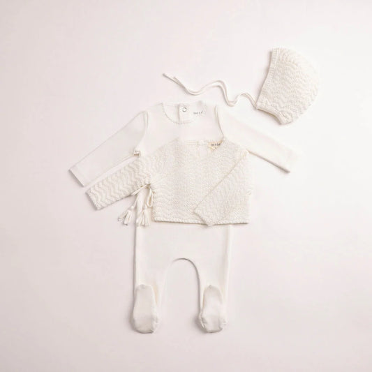 Herringbone Cardigan Footie & Bonnet - Chalk White