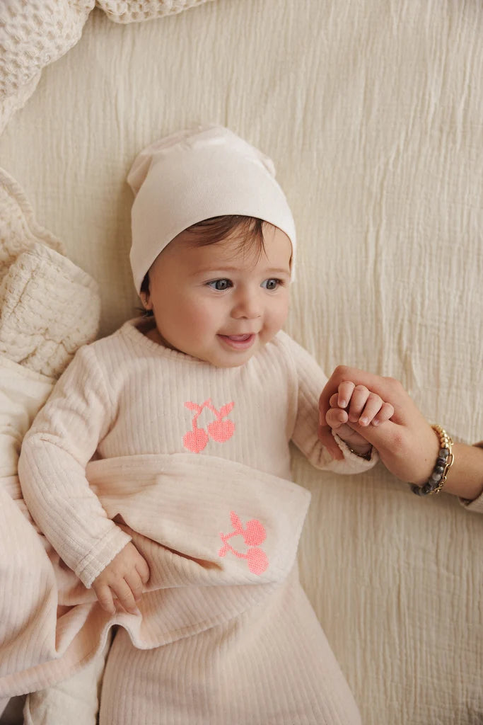 EMBROIDERED CHERRY FOOTIE + BEANIE - Neon Cherry Pink