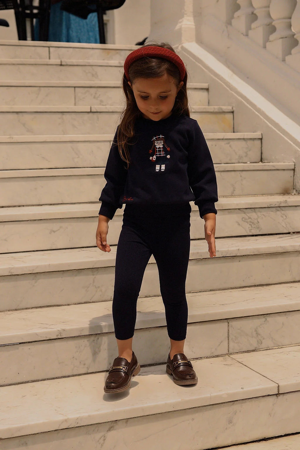 Bamboo Navy Doll Embroidered Sweatshirt Set