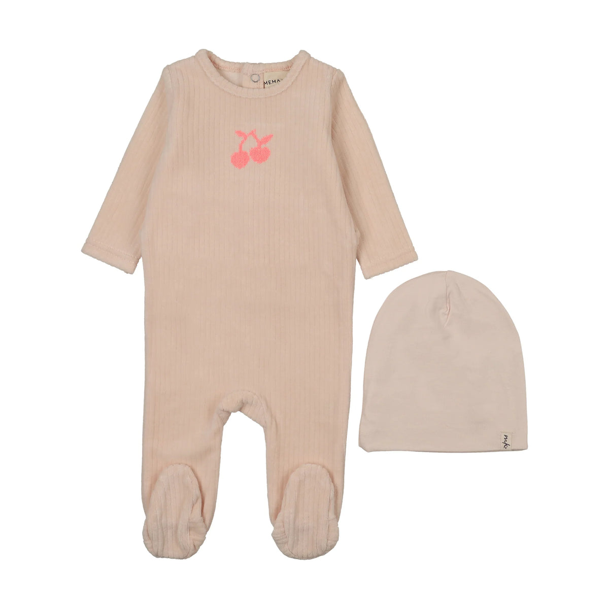 EMBROIDERED CHERRY FOOTIE + BEANIE - Neon Cherry Pink