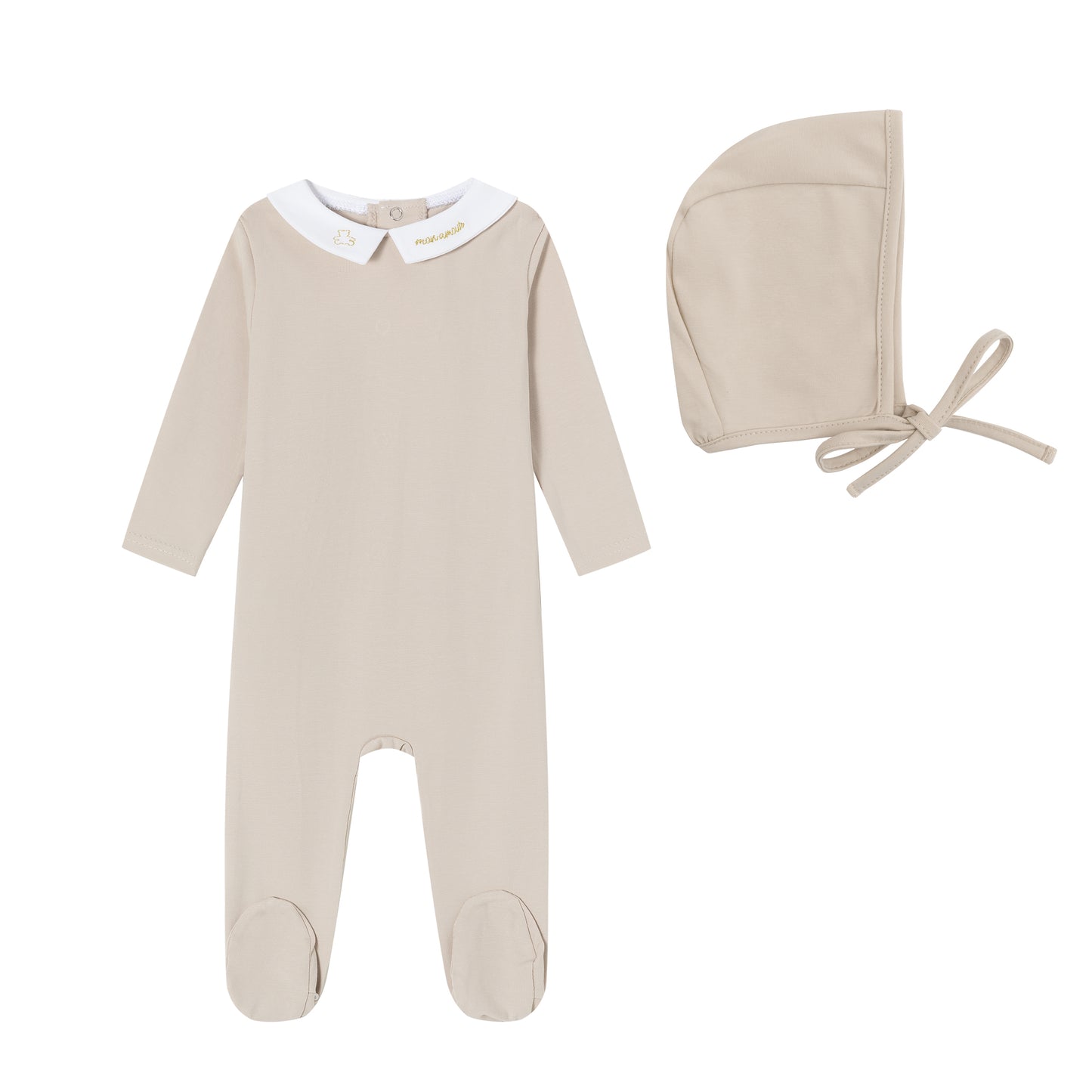 Taupe Metallic Embroidered Collar Footie & Hat