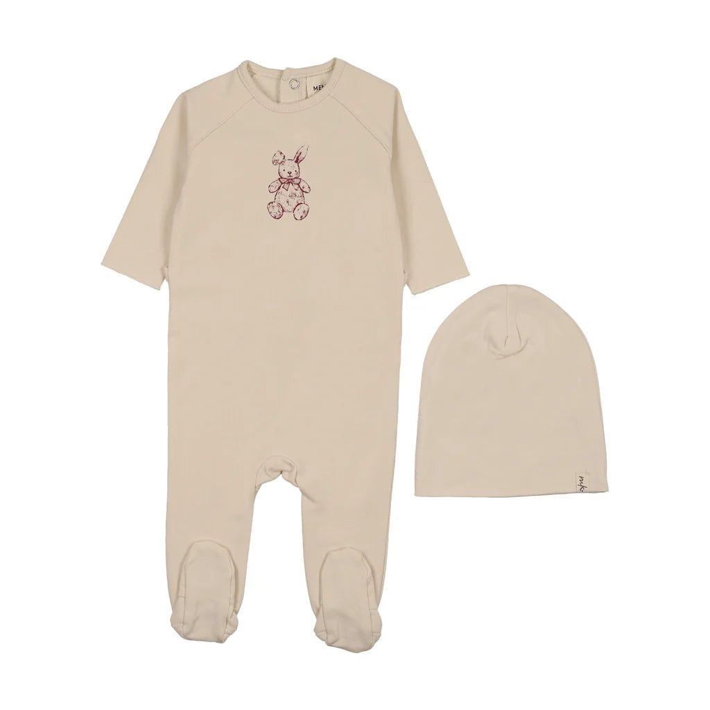 VINTAGE BUNNY PRINT FOOTIE + BEANIE - Light Beige/Rosewood