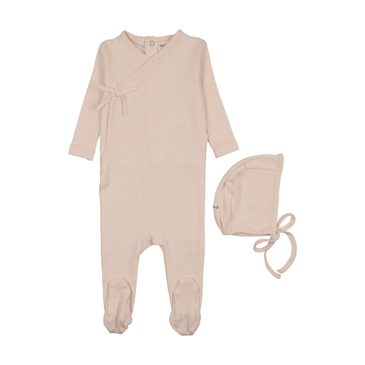 MOCK WRAP POINTELLE FOOTIE + BONNET - Baby Blush