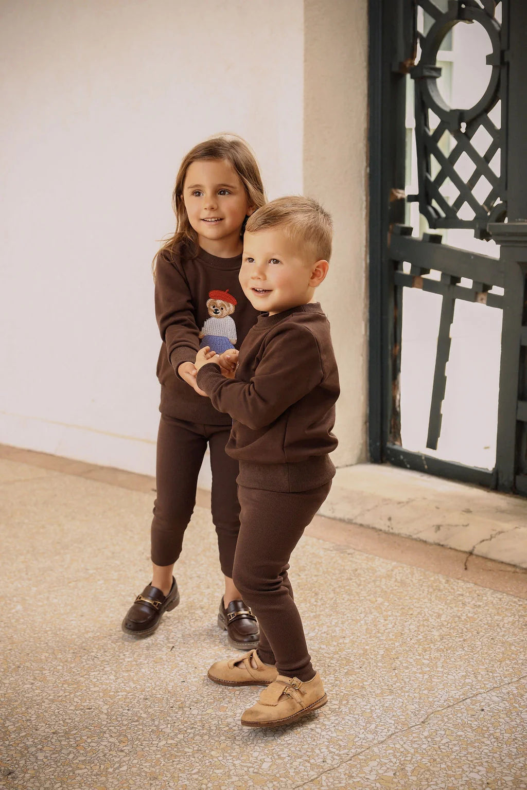 Bamboo Brown Embroidered Bear Sweatshirt Set