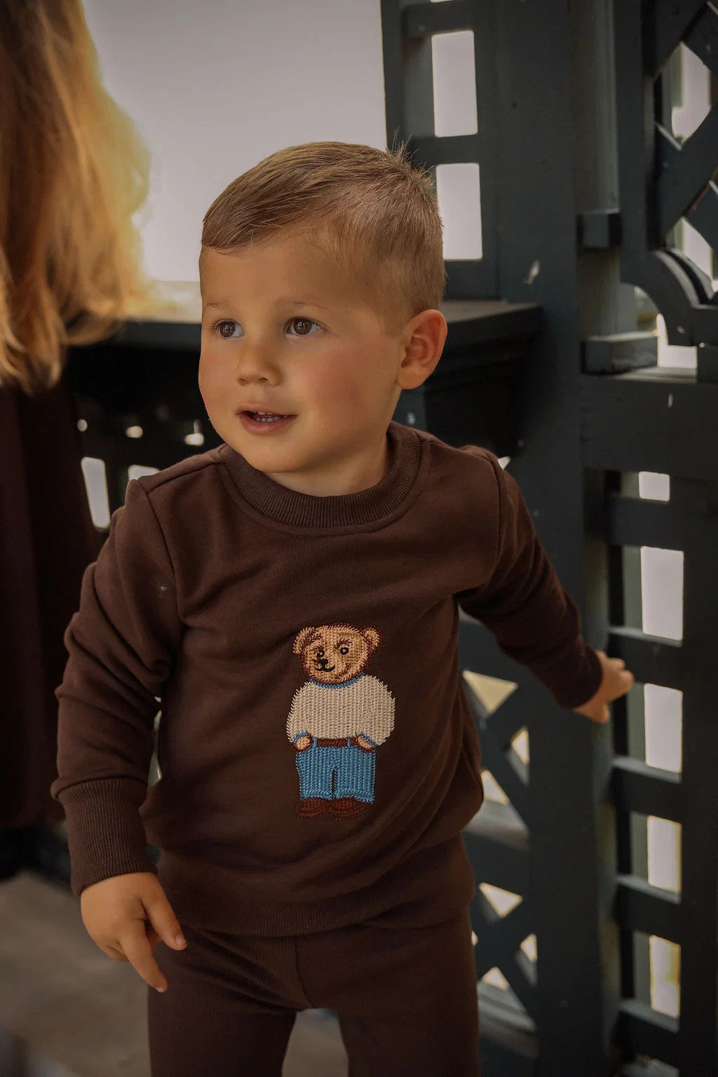 Bamboo Brown Embroidered Bear Sweatshirt Set