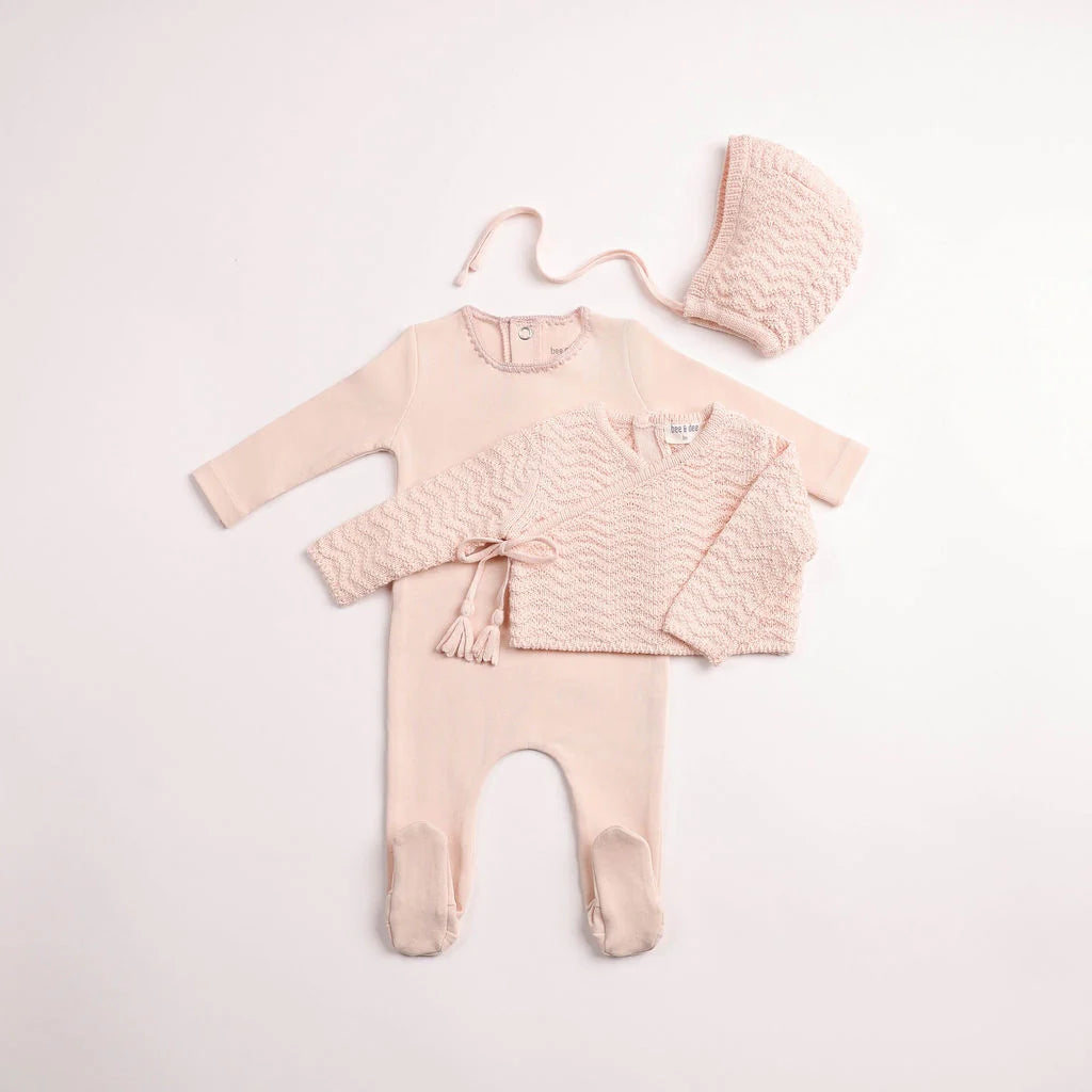 Herringbone Cardigan Footie & Bonnet - Pearly Pink
