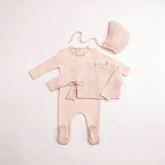 Herringbone Cardigan Footie & Bonnet - Pearly Pink