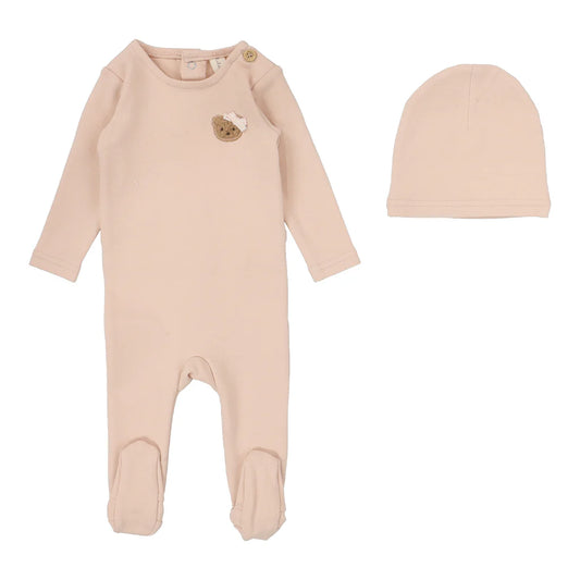 Lilette Bear Applique Footie And Hat - Dusty Pink