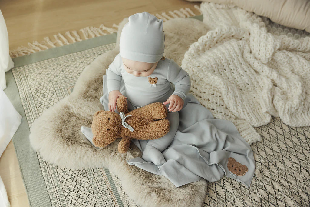 Lilette Bear Applique Footie And Hat - Pale Blue