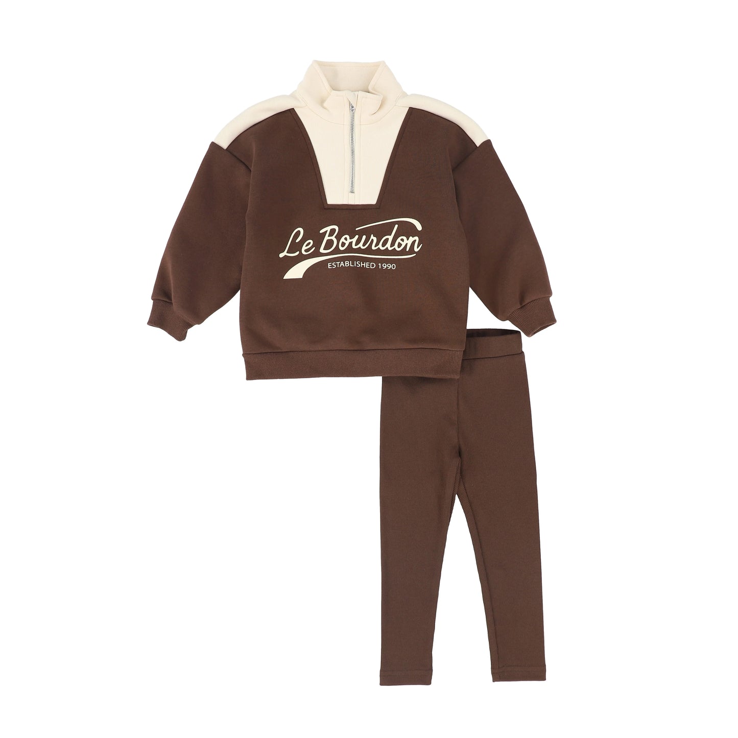 Le Bourdon Brown Half Zip Colorblock Sweatshirt Set