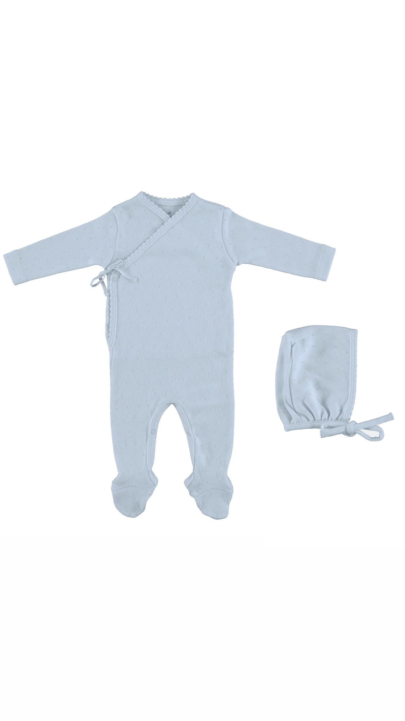 Bebe Wrap Overall Footie & Bonnet- Blue Pointelle