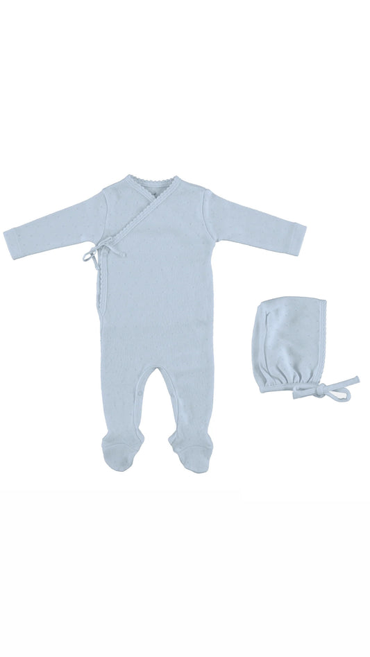 Bebe Wrap Overall Footie & Bonnet- Blue Pointelle