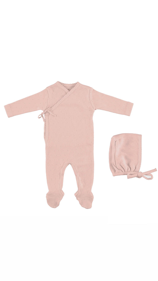 Bebe Wrap Overall Footie & Bonnet- Blush Pointelle