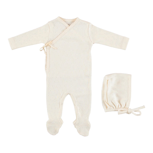 Bebe Wrap Overall Footie & Bonnet- Natural Pointelle
