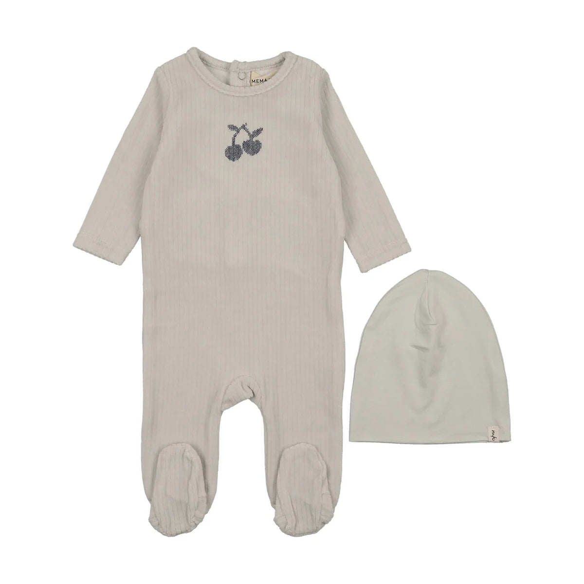 EMBROIDERED CHERRY FOOTIE + BEANIE - Blue Wing Cherry