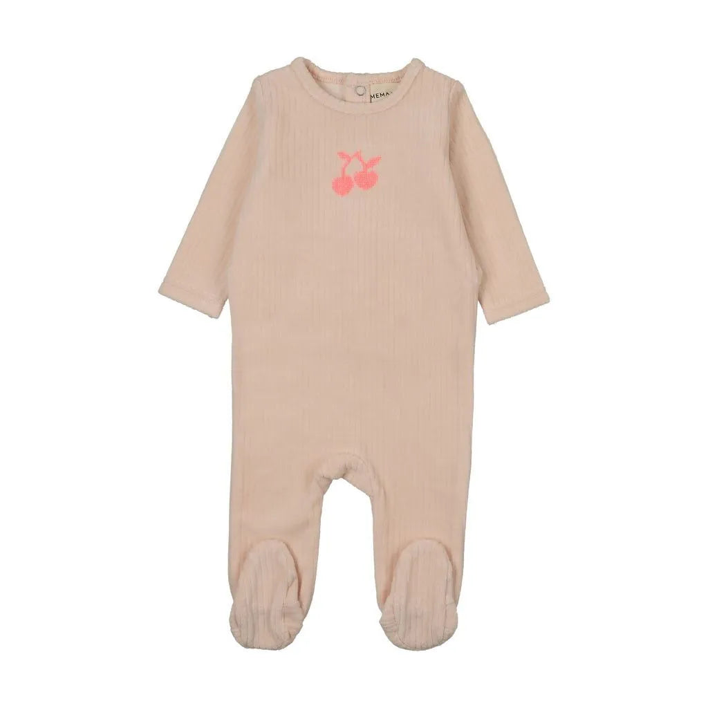 EMBROIDERED CHERRY FOOTIE + BEANIE - Neon Cherry Pink